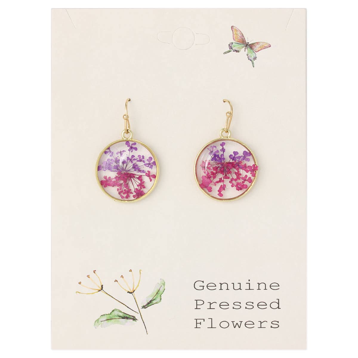 Pink Purple Round Dried Flower Earrings