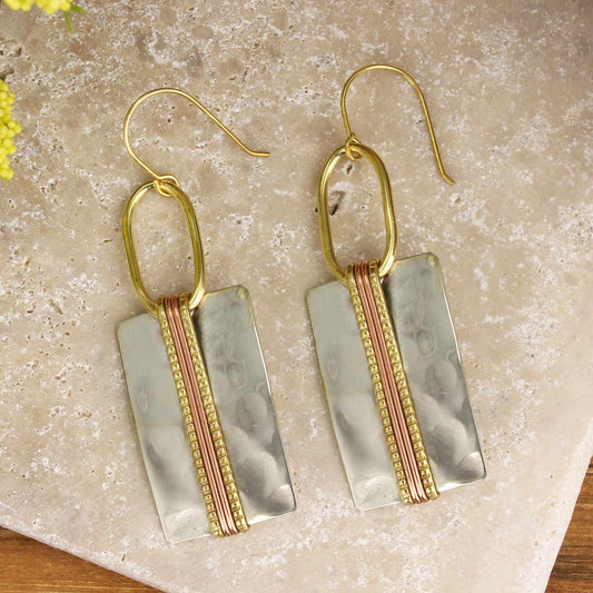 Bold Boho Silver Mixed Metal Bar Earring